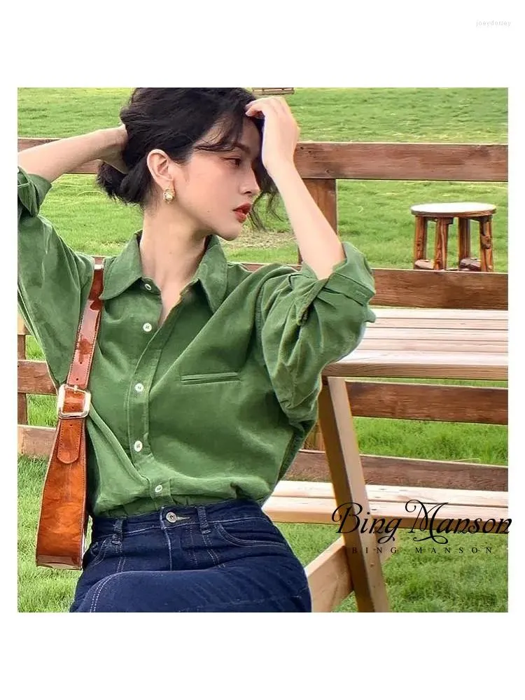 Damespolo's Dames Herfststijl Effen Kleur Koreaans Port Retro Corduroy POLO Revers Shirt Blouse Verdikt Lange mouwen