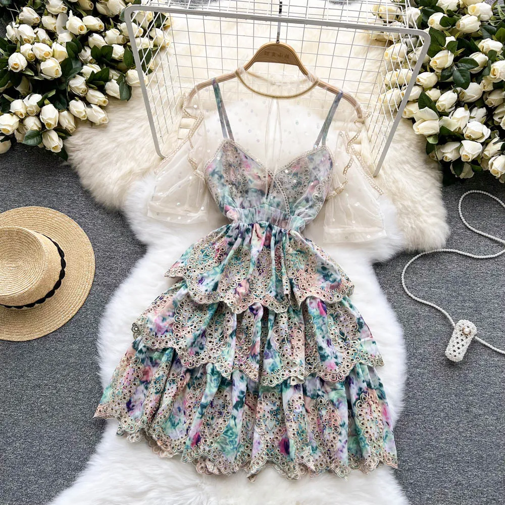 Casual Dresses 2023 Retro Mesh Off Shoulder Sleeveless Elegant Tiered Slip Dress A-line High Waist Beach Vacation Sundress Women Summer Vestidos