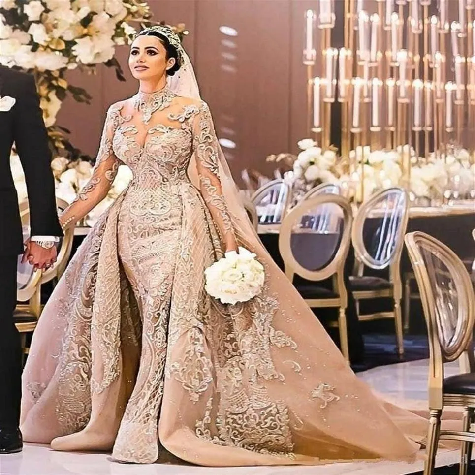 Arabe Dubaï magnifique col haut à manches longues robe de mariée 2020 sirène dentelle appliques détachable train robes de mariée robe de noi2918