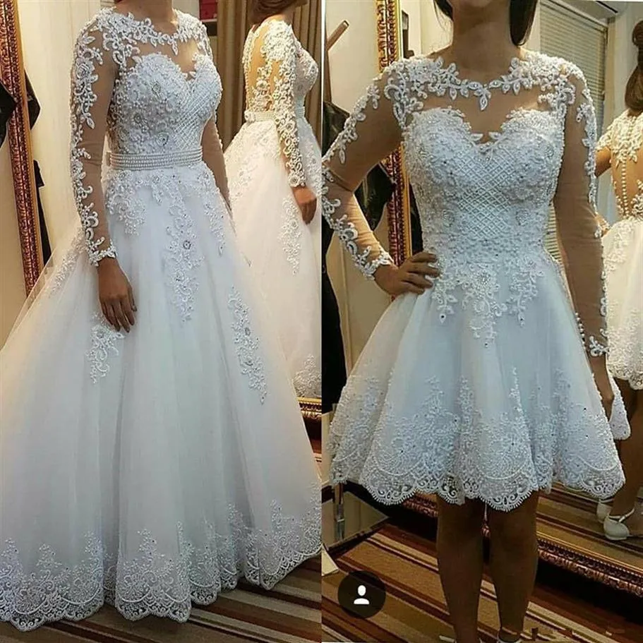 Abiti da sposa corti vintage a maniche lunghe Gonna rimovibile Beach Boho Puffy Tulle Pizzo Plus Size Country Sheer Button Back Bridal G317a