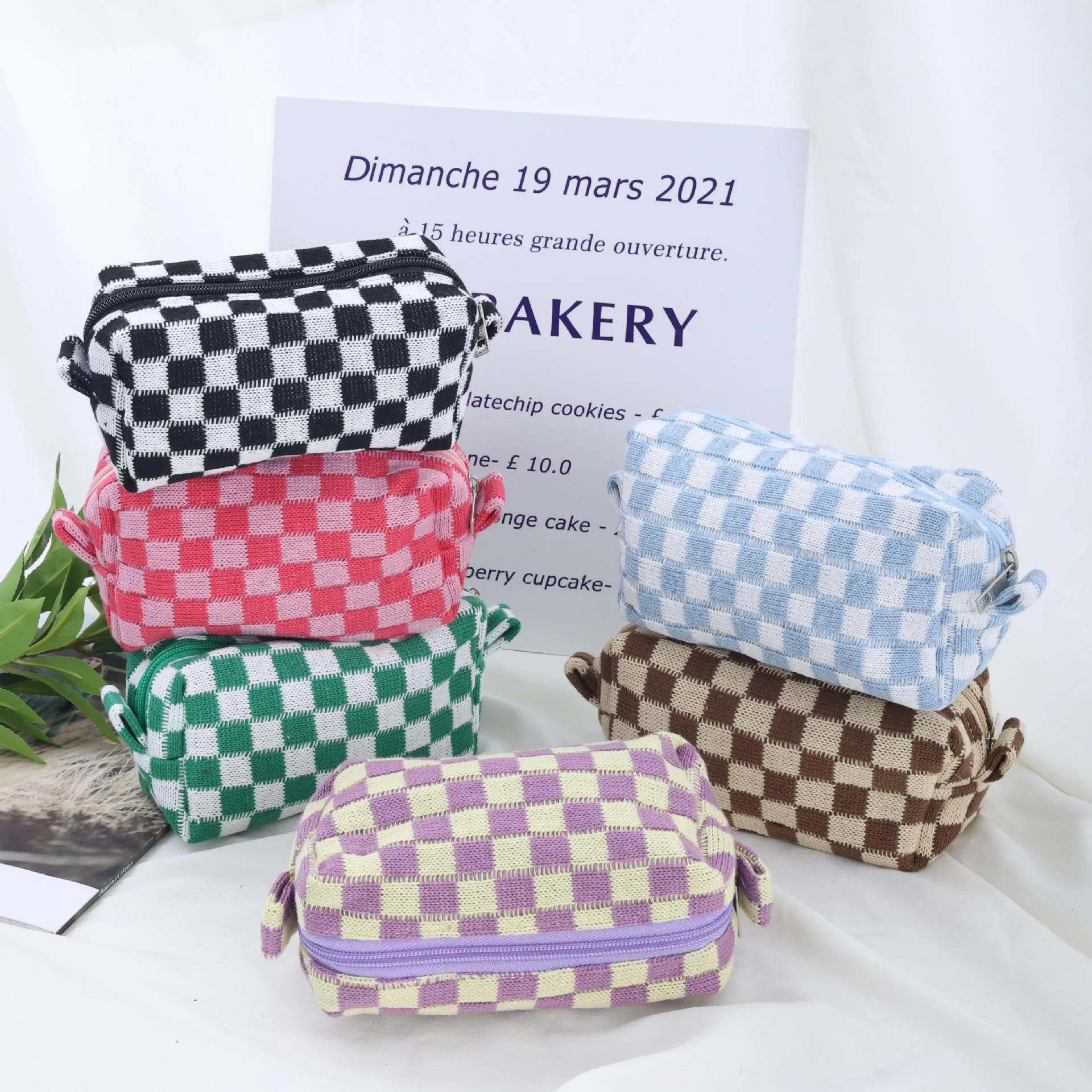 Makeup Bag Checkered Cosmetic Bag Pink Green Makeup Pouch Travel