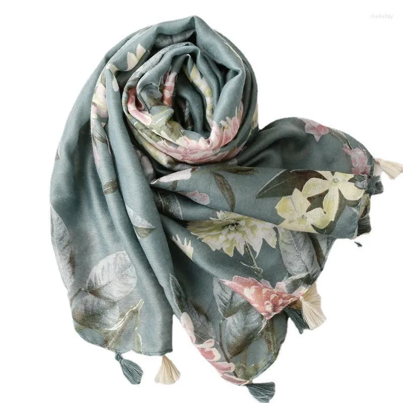 Sjaals Elegante Dame Stijl Groene Bloemen Kwasten Sjaal Meisjes Outdoor Zon Strand Vrouw Sjaals Pashmina