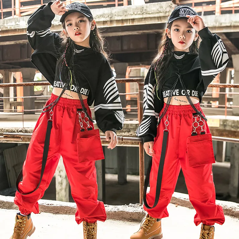 ダンスウェアヒップホップ服の女の子ジャズダンスコスチューム長袖の黒いトップスレッドカーゴパンツキッズヒップホップパフォーマンスウェアレイブ服5049 230617