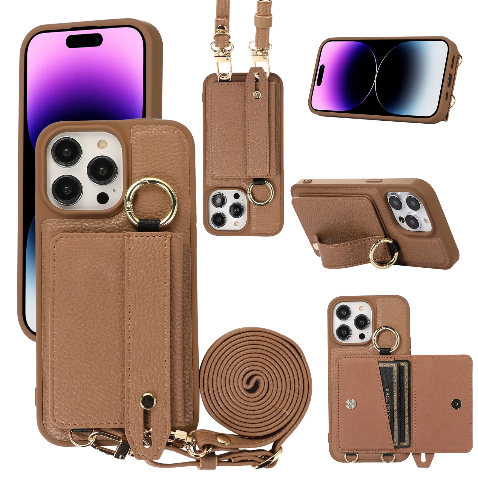 Crossbody Litchi cuero muñequera tarjetas ranuras titular cartera casos para iPhone 14 Pro Max 13 12 11 Kickstand anillo teléfono Funda