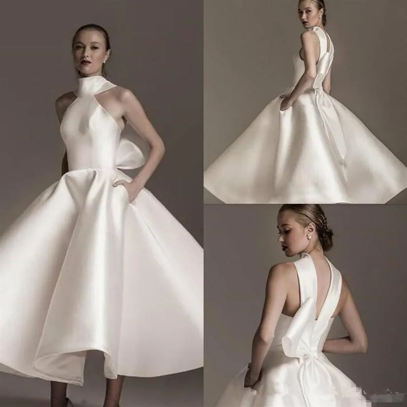 Big Bow 2019 High Neck Matte Stain Princess Garden Church Short Wedding Gown300W