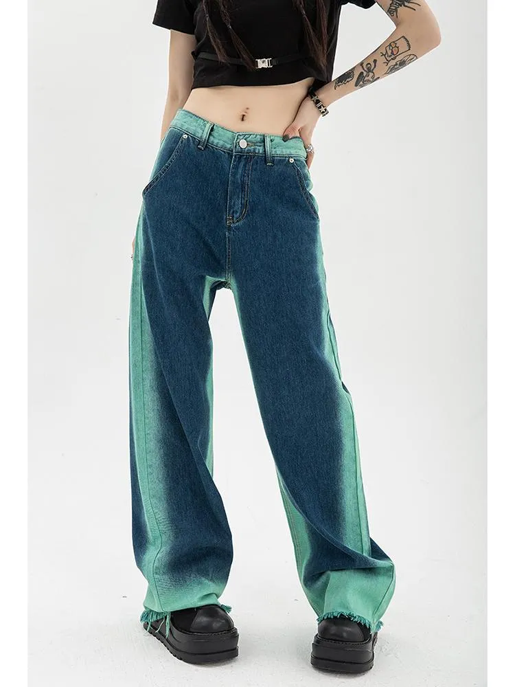 Jeans Blau Damen Jeans Hohe Taille Vintage Gerade Baggy Hose Schickes Design Streetwear Farbverlauf Hip Hop Y2k Denim Hose