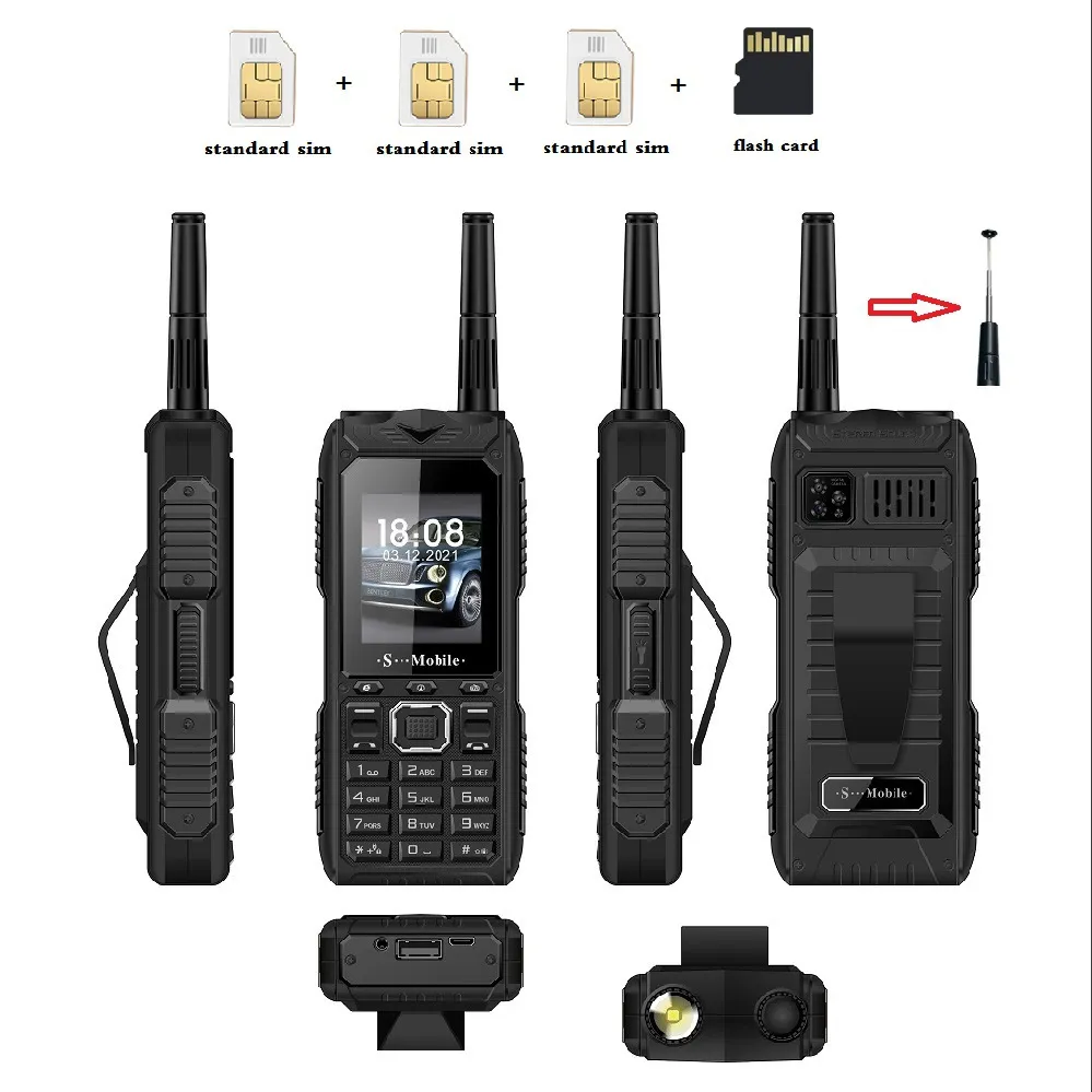 Freigeschaltetes Outdoor-Handy mit großer Leistung, flexible Antenne, gutes Signal, vier Sim-Karten, Powerbank, Schnellwahl-Taschenlampe, MP3-FM-Taschenlampe, Lautsprecher, älteres Mobiltelefon