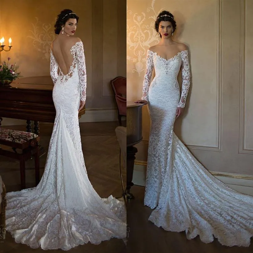 2019 Berta Abiti da sposa senza schienale in pizzo pieno Sirena con spalle scoperte Maniche lunghe Abiti da sposa Cappella Treno Perline Tromba Brid197o