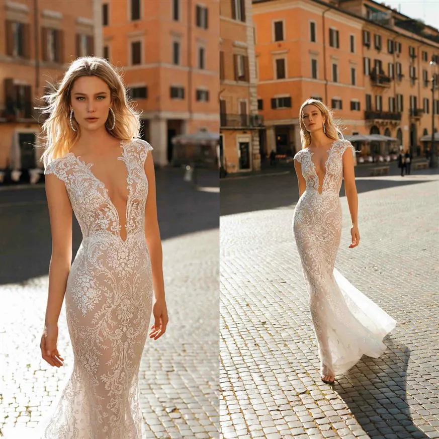 2019 Berta Sirène Robes De Mariée Col En V Profond Appliqued Dentelle Étage Longueur Plage Robe De Mariée Sexy Sur Mesure Boho Vestidos De N308O