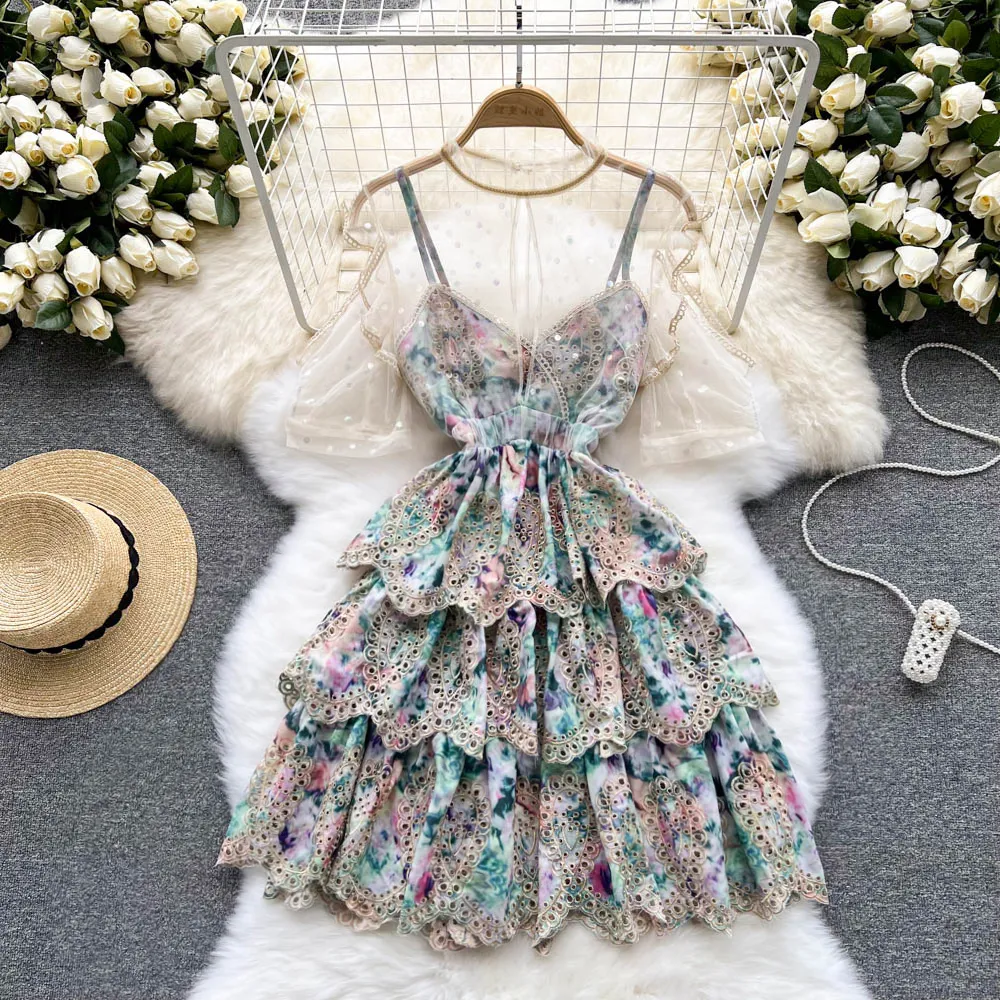 Casual Dresses 2023 Retro Mesh Off Shoulder Sleeveless Elegant Tiered Slip Dress A-line High Waist Beach Vacation Sundress Women Summer Vestidos