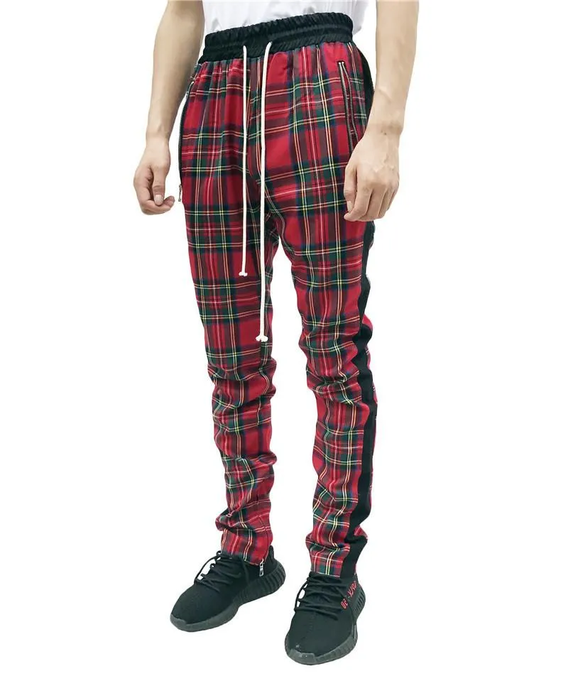 Byxor 2020 Nya modemän svettbyxor Hip Hop Pants Red Plaid Streetwear dragkedja Slim Pencil Pants Men byxor joggerbyxor