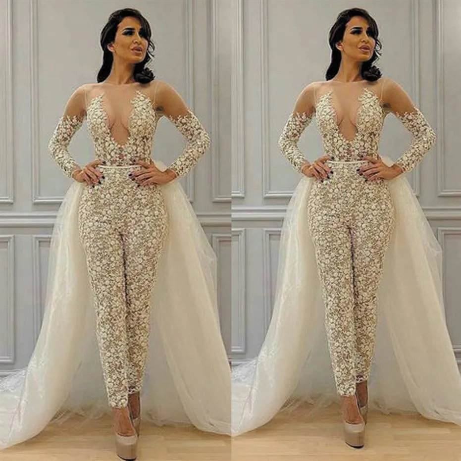 Modest Detachable Skirt Jumpsuit Wedding Dresses Bridal Gowns 2021 Lace Applique Long Sleeve Elegant Pant Suit for Women Vestidos3068