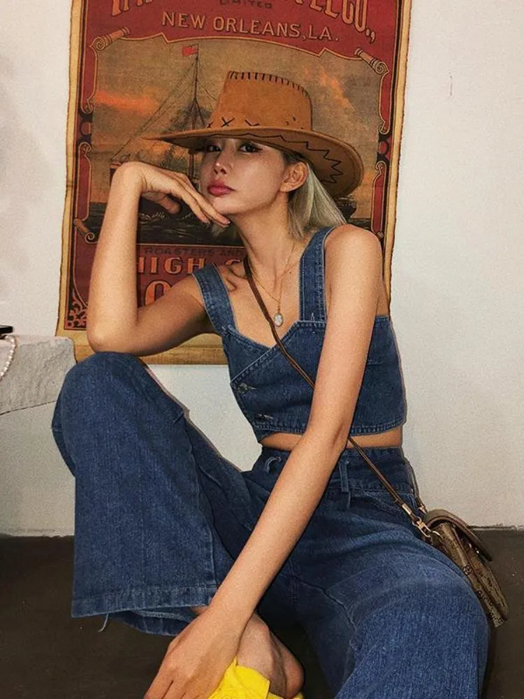 Denim Dream: Womens Two-Piece Set Trendy Camisole Top Wide Leg