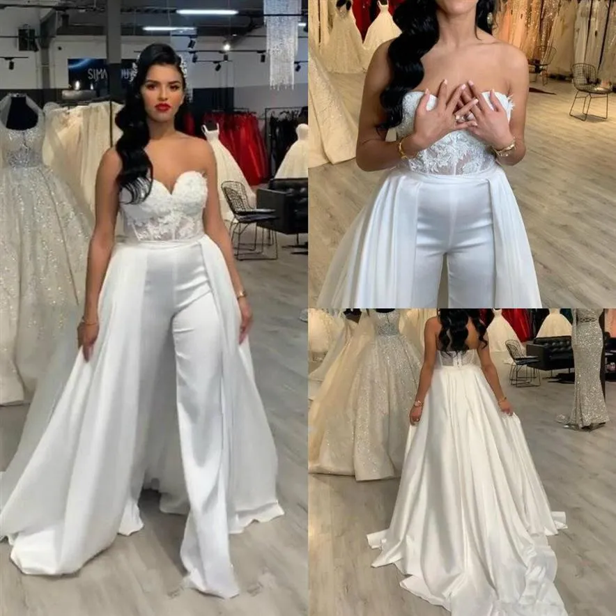 Sexy Femmes Combinaisons Plus La Taille Robes De Mariée Robe Pantalon Costumes Amovible Jupe Longue Formelle Parti Applique Dentelle abiye Robes De Mariée226C