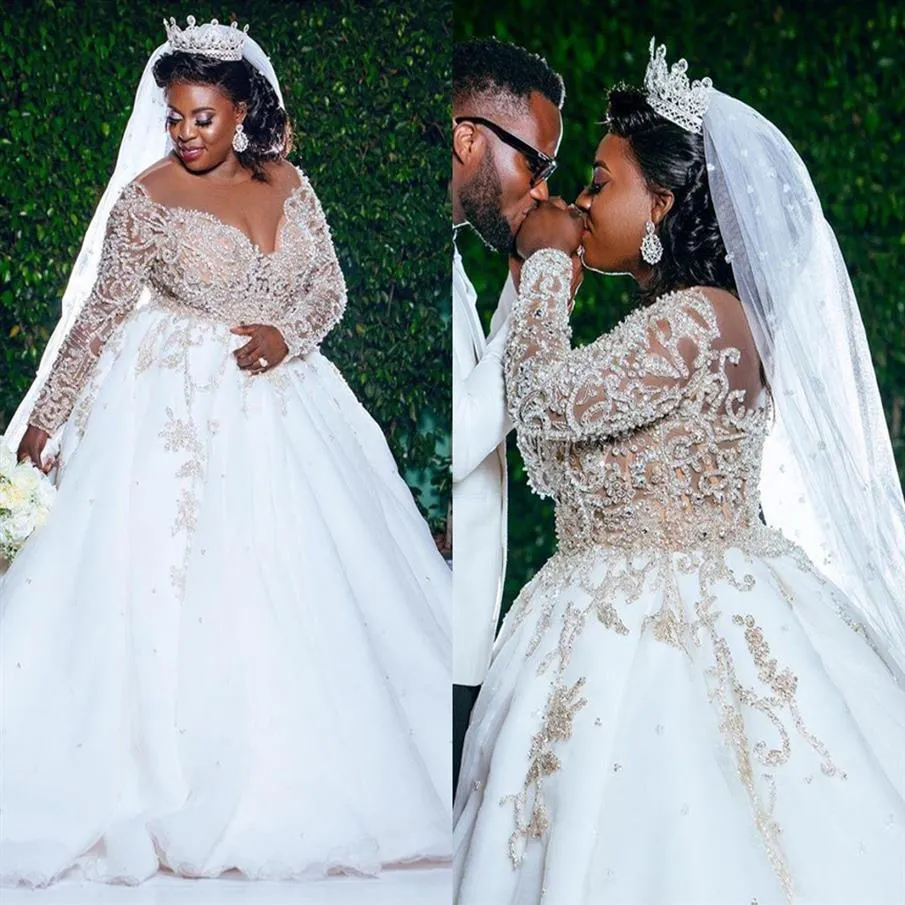 Plus Größe Afrikanische Brautkleider 2021 Luxus Perlen Spitze Langarm Prinzessin Kirche Garten Brautkleid robe mariage211N