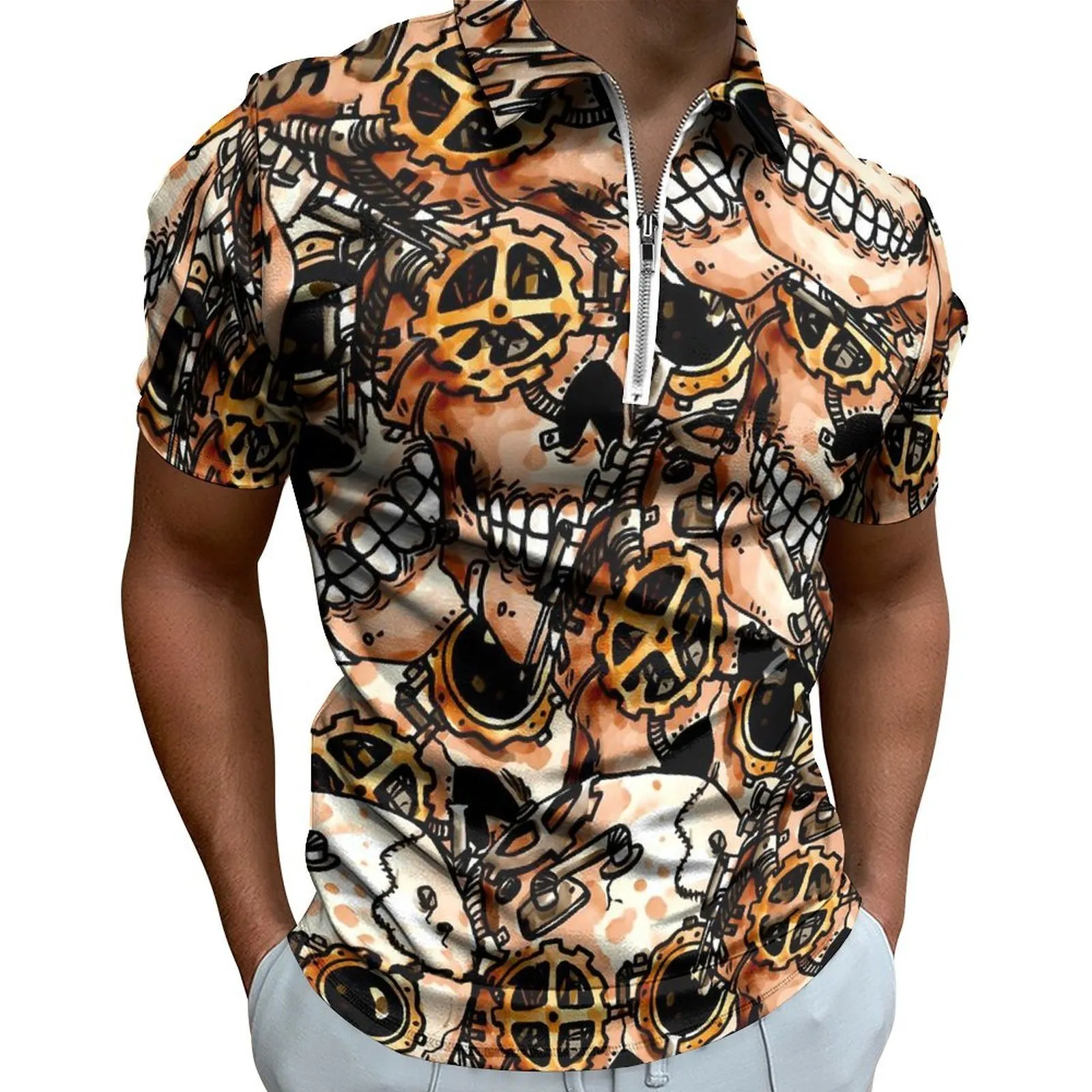 Polo da uomo Funky Steampunk Skull Polo da uomo Camicia casual con stampa di Halloween Estate T-shirt con cerniera Y2K Top oversize personalizzati a manica corta 230617