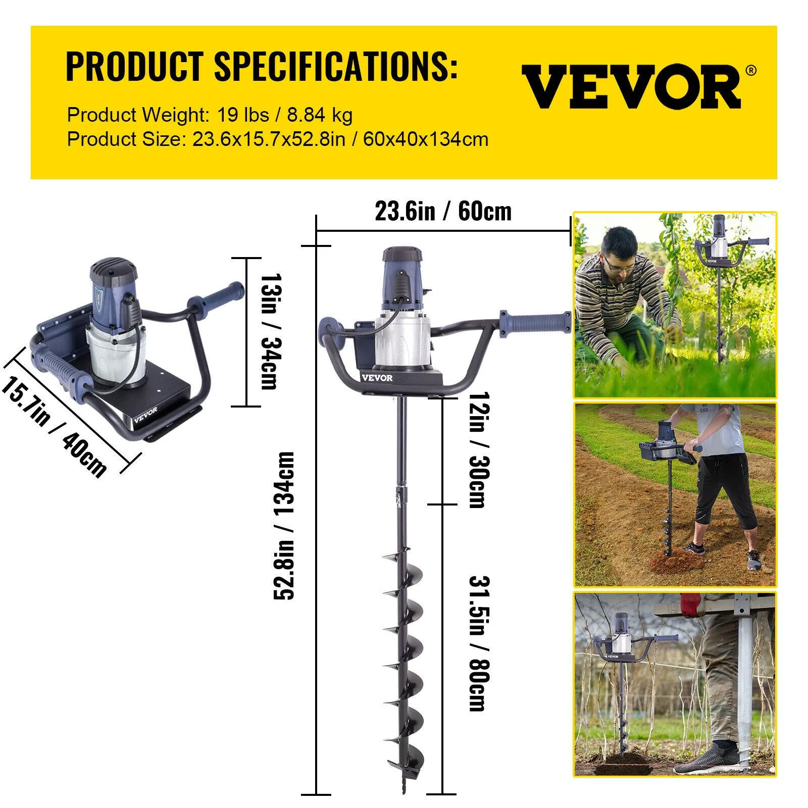 Boormachine VEVOR 1,6 PS elektrischer Pfostenlochbagger 1200 W 1500 W elektrischer Erdbohrer Powerhead 4 "6" Erdbohrer mit Verlängerungsstange gemütliche Griffe