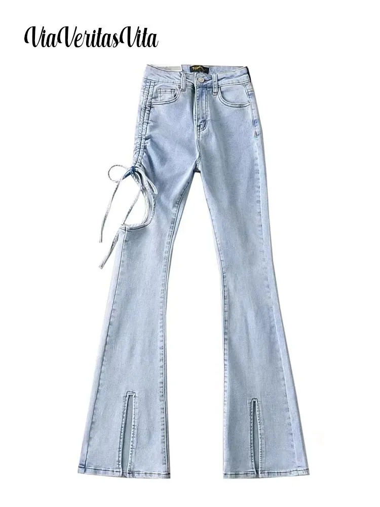 Jeans Primavera Estate Jeans effetto consumato per le donne Petite Stretch Vita alta Lace Up Hole Fessura Causale Pantaloni lunghi in denim Jeans mamma sexy 2022