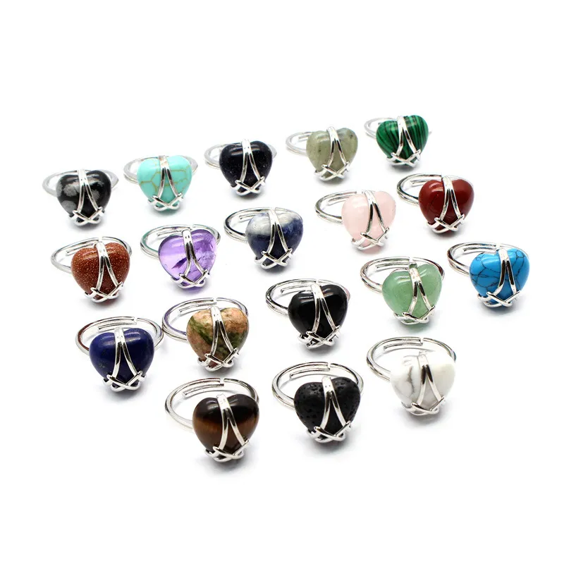 Joli coeur anneaux en cristal naturel pour femmes bijoux fil Wrap oeil de tigre améthystes rose Quartz opale anneau Reiki guérison