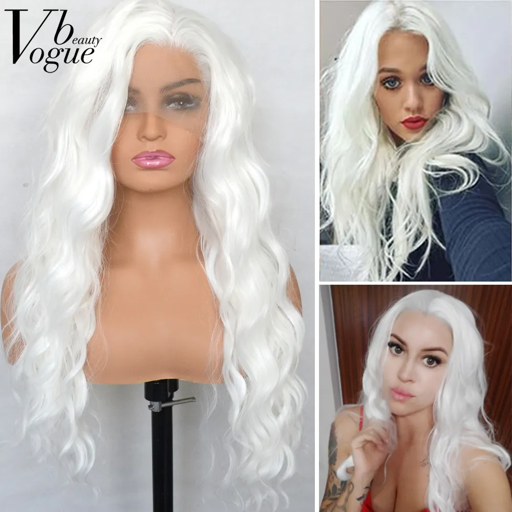 Parrucche di pizzo Voguebeauty Platino Bianco Parrucca anteriore sintetica Ricci sciolti Fibra resistente al calore Attaccatura dei capelli naturale Cosplay per le donne 230617