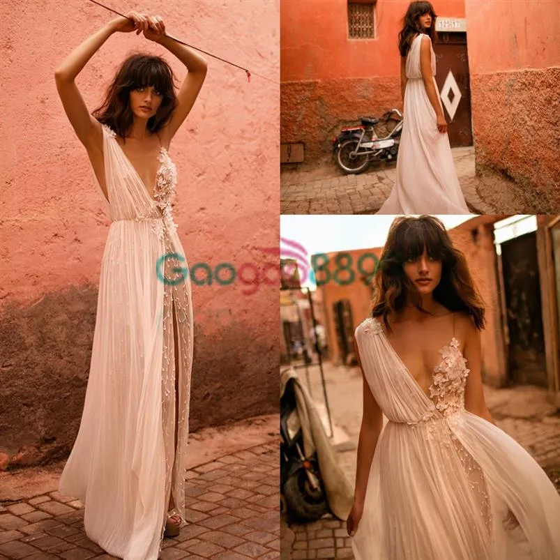 Liz Martinez Sexy Boho split Wedding Dresses 2019 V-Neck See-Through Chiffon Flower Pearls A-Line Beach Wedding Vestido de Noiva P247D