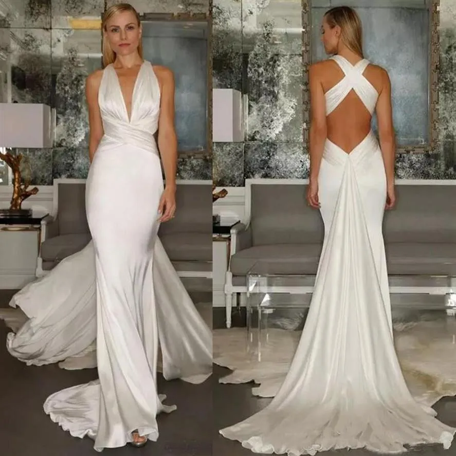 Sexy Beach Mermaid Wedding Dresses with Ribbon Cross Back Simple Chiffon Stain V Neck Ruched Sleeveless Summer Holiday Bridal Gown277F