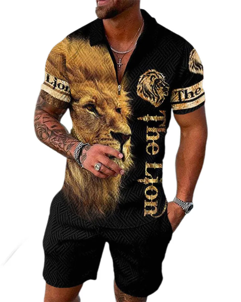 Herren-Trainingsanzüge, Der König der Löwen, Herren-Sportanzüge, Sommer-Animal-Fierce-Tiger-Trainingsanzug, Kurzarm-Poloshirt-Shorts, 2-teiliges Set für Herrenkleidung Y2k 230617