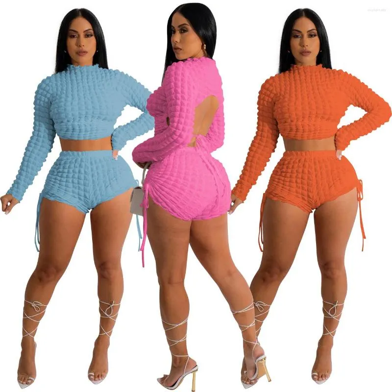 Survêtements pour femmes Sexy Backless Shorts à manches longues Ensembles Femmes Puff Fabric Club Outfits Bandage Crop Top Et Cordon Mini Clubwear