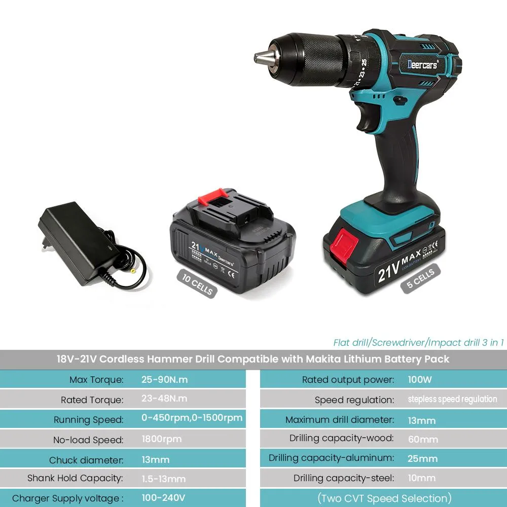 Boormachine 21V draadloze klopboormachine 13 mm draadloze elektrische schroevendraaier voor thuis 3 in één oplaadbaar elektrisch gereedschap Compatibel 18V lithiumbatterij