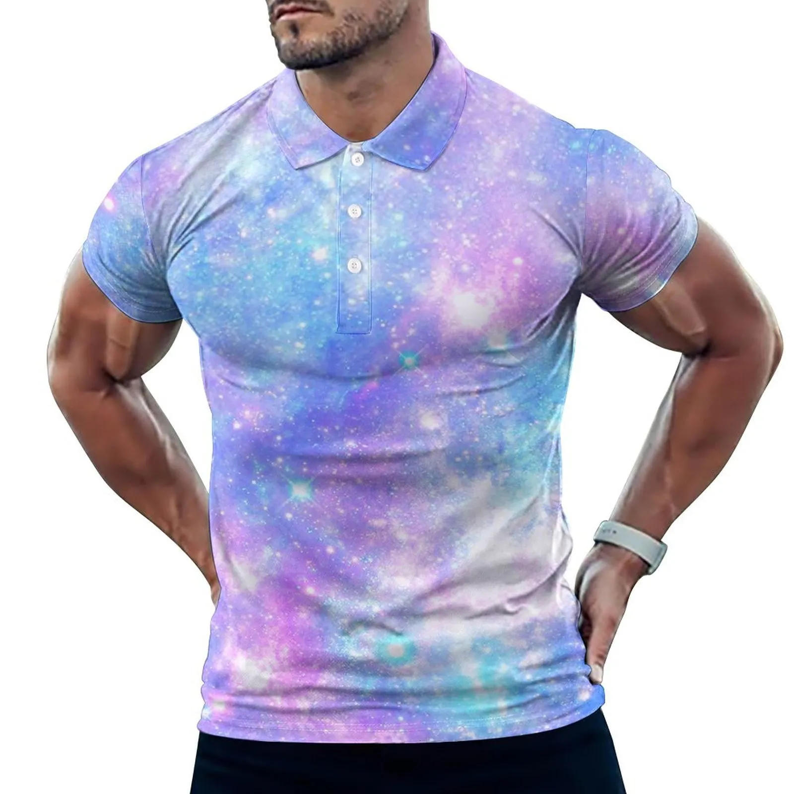 Herrpolos rosa blå galax casual t-shirts färgglada yttre rymdpolo skjorta män y2k skjorta sommar korta ärmar grafisk topp stor storlek 5xl 6xl 230617
