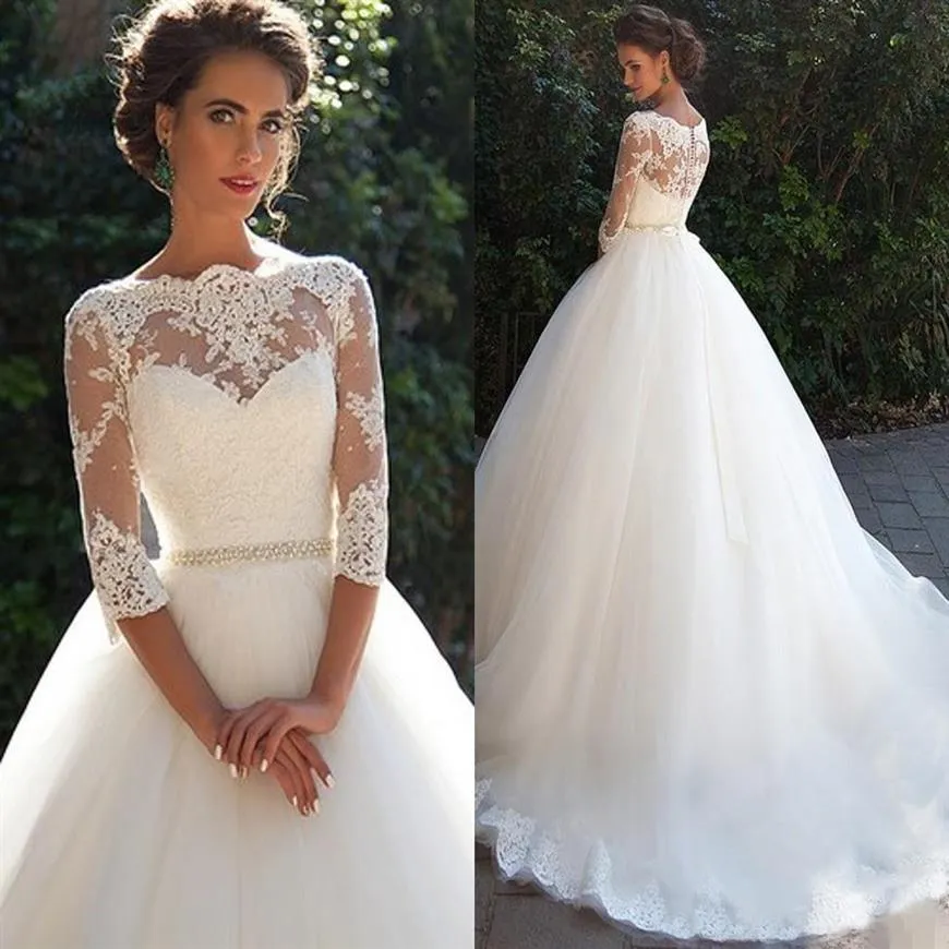 Country Vintage Lace 2021 Wedding Dresses O Neckline Half Long Sleeves Pearls Tulle Princess A-Line Cheap Bridal Dresses Plus Size291c