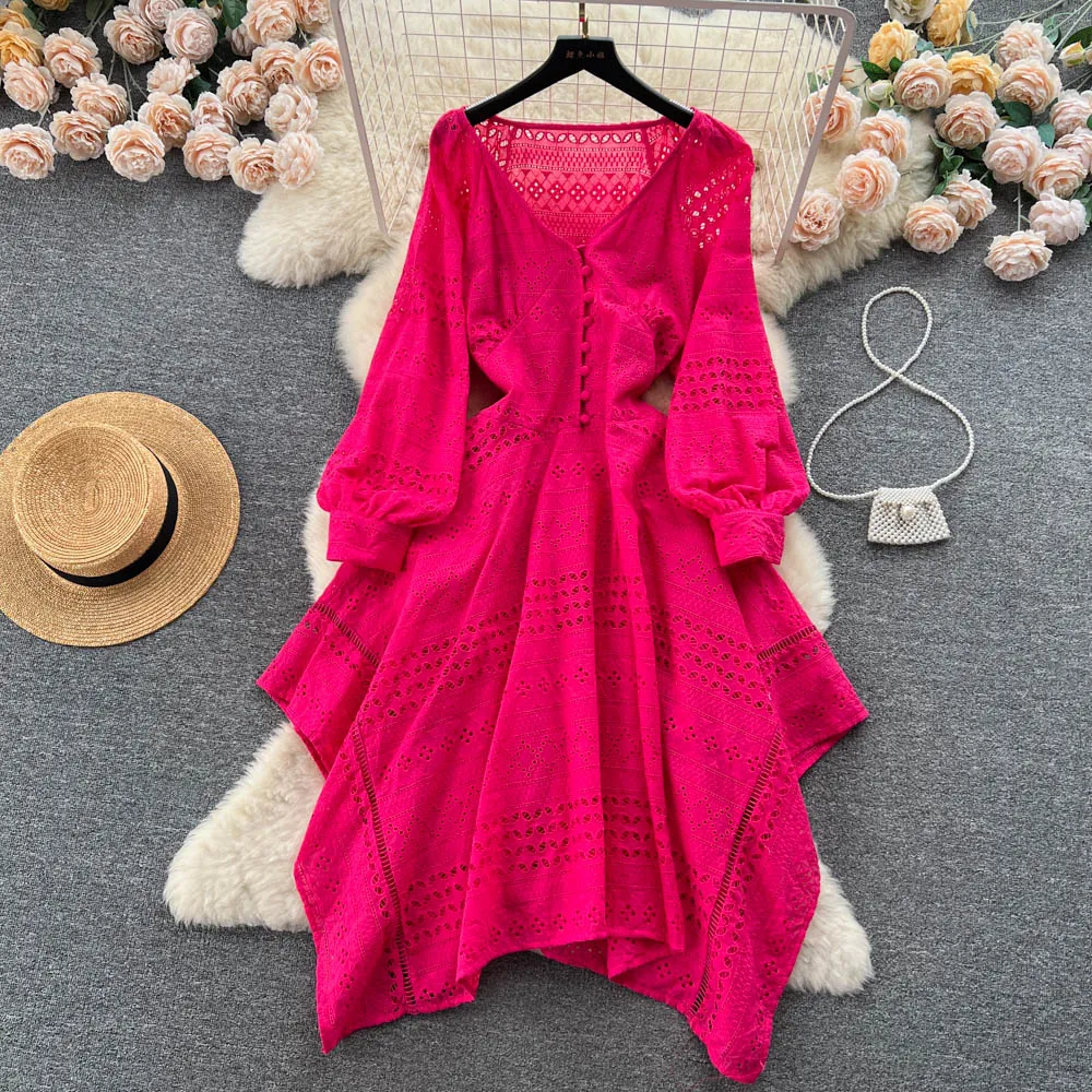 Casual Dresses French Irregular Openwork A-line Dress Women New Summer V Neck lace-up Slim Long Sleeve Elegant Vestidos De Verano 268K