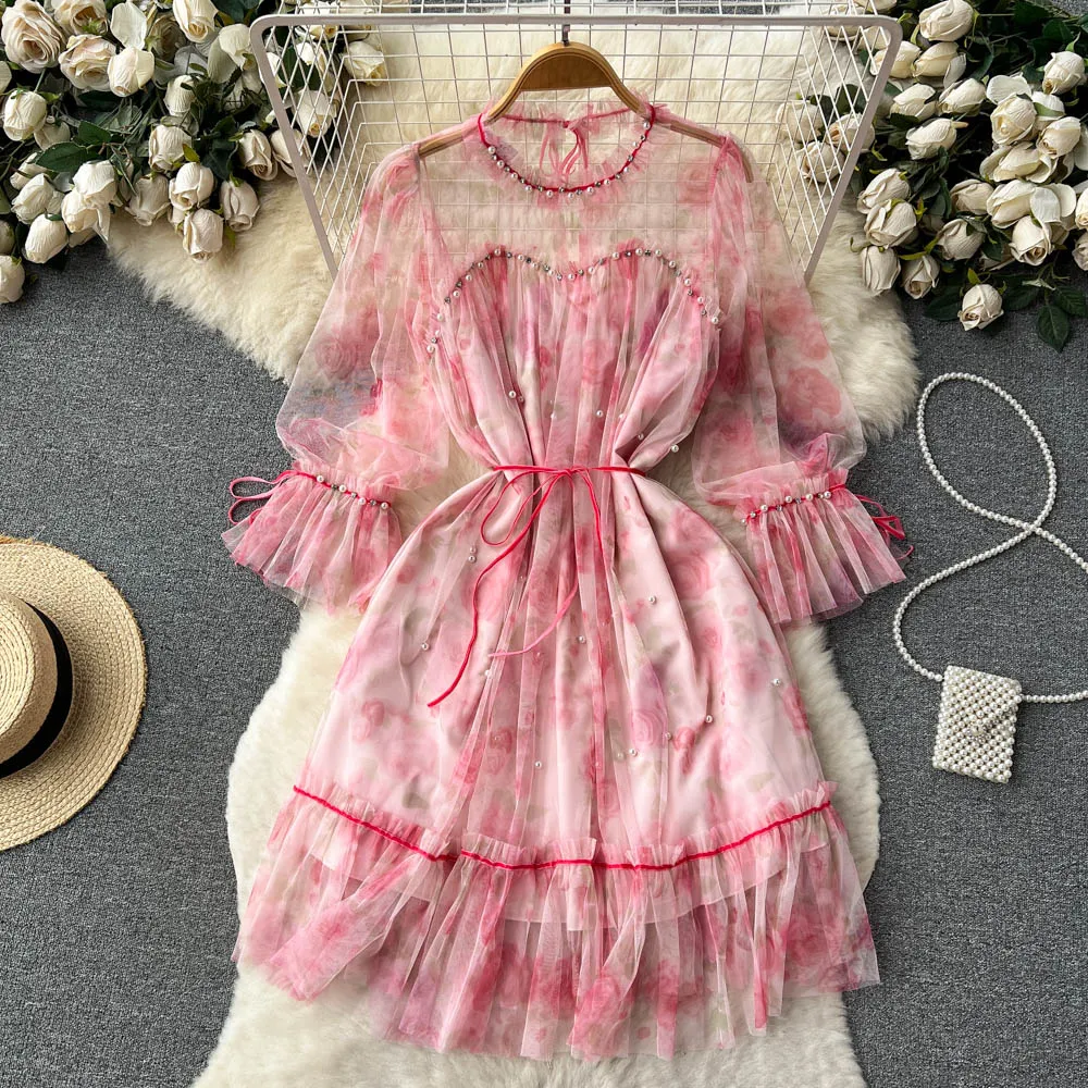 Robes décontractées French Doux Robe A-Line Femme Nouvelle mode Summer Summer Gauze à manches longues Perles de fête élégante Vestidos de Fiesta 2023