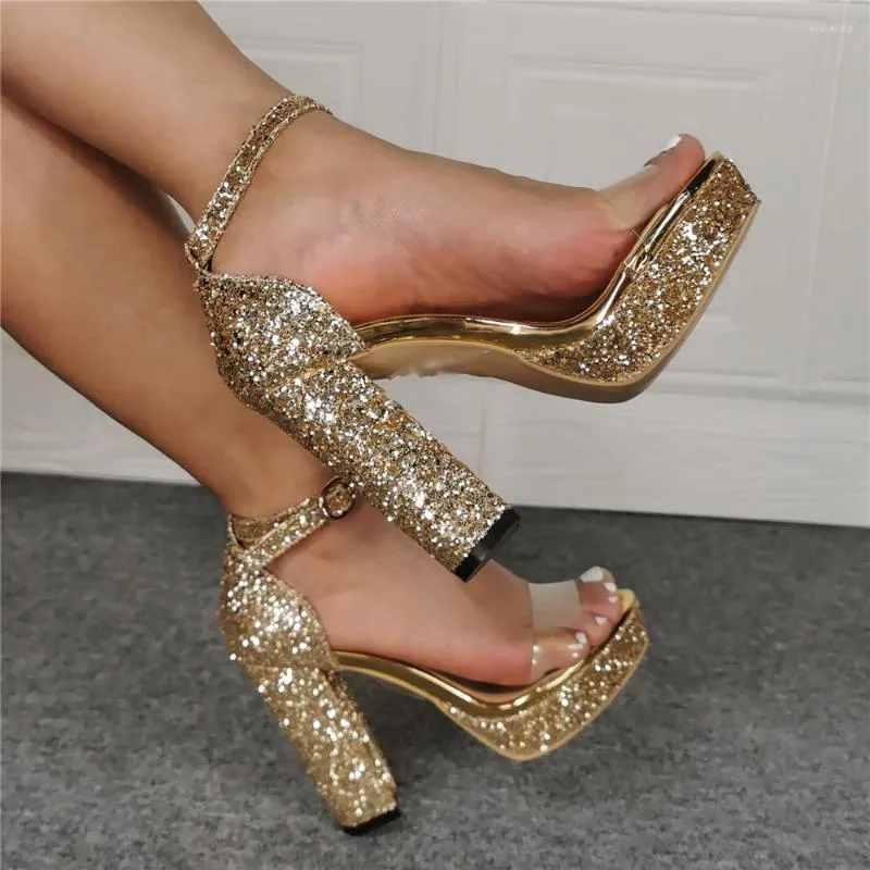 Sandales Sexy femmes sandale Bling or plate-forme talon épais mode paillettes brillant talons épais chaussures habillées