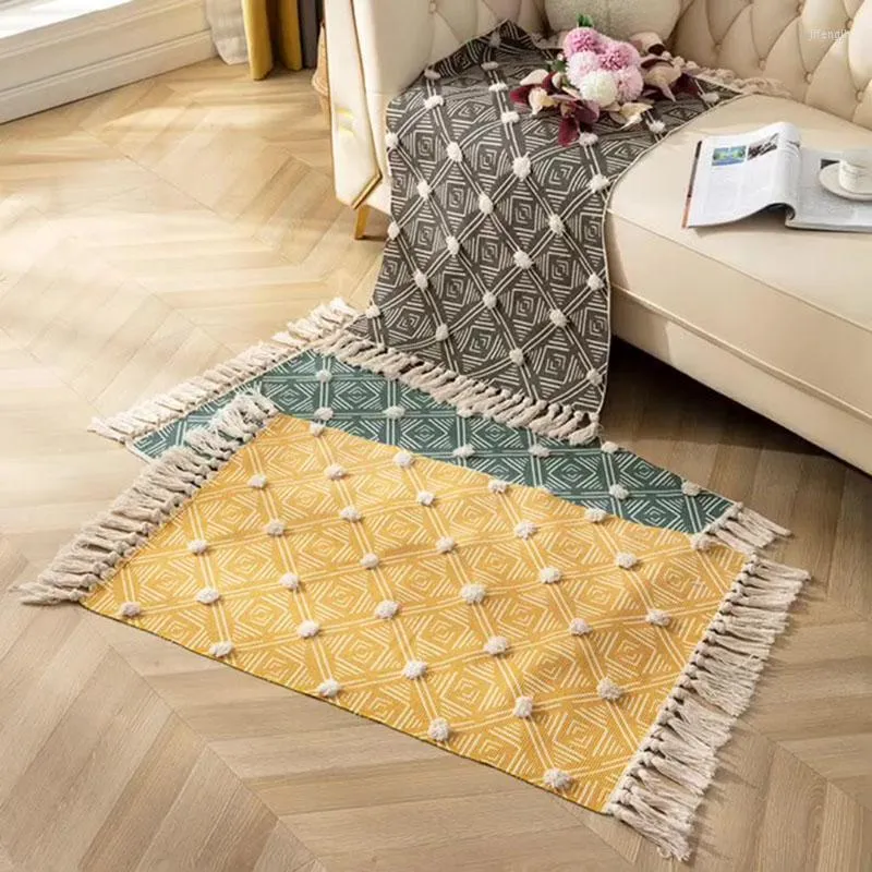 Carpets Cotton Thread Weaving Nordic 3D Tufted Handmade Tassel Floor Mat Home Living Room Coffee Table Digital Yellow Rugs 60 90cm
