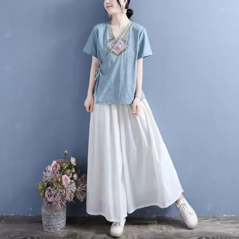 Ethnic Clothing Cotton Linen Embroidered Women's T Shirt V-Neck Chinese Traditional Style Oriental Dress Short Sleeve Hanfu