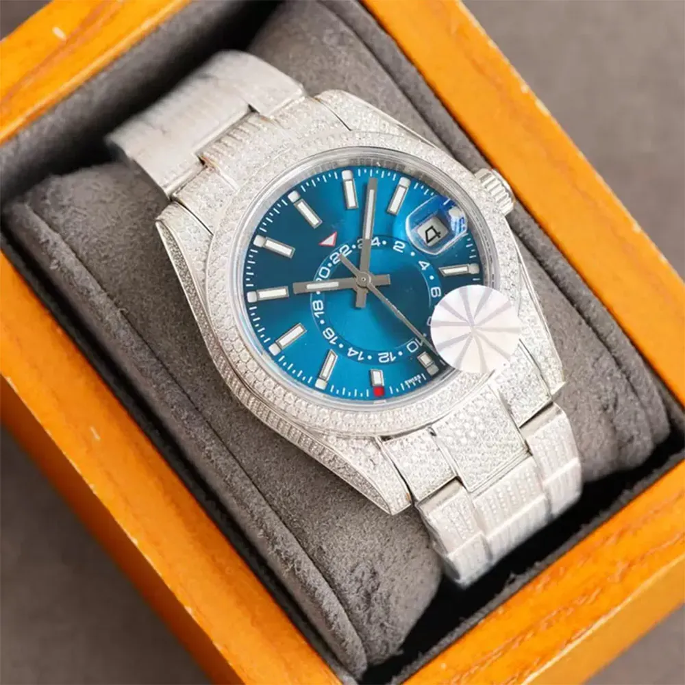 Full Diamond Watch Mens Automatiska mekaniska klockor 41 mm med diamantspäckt stålarmband Fashion Business armbandsur Montre de Luxe Bling Dial Bezel