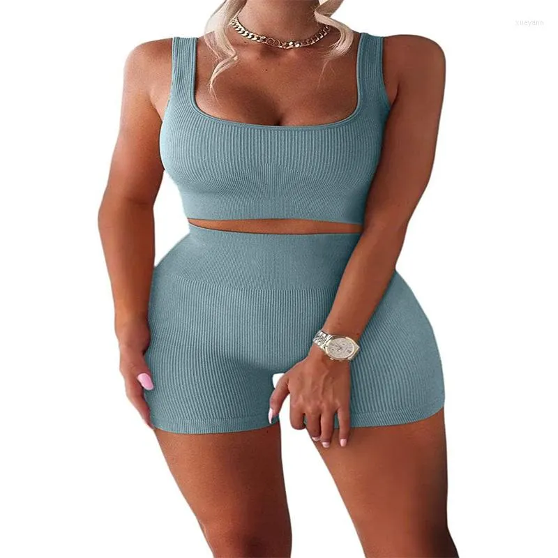 Women's Tracksuits Two Piece Set Summer Off Shoulder Solid Color U-Neck Sleeveless Crop Tops And Short Skinny Pants