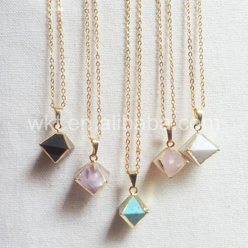 Pendant Necklaces WT-N695 Charm Polygon Stone Necklace Natural In Gold Electroplated Multi-Colored Quartz Chain Jewelry Findings