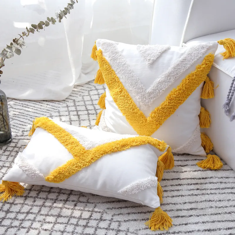 Taie d'oreiller DUNXDECO Housse de Coussin Décoratif Tufting Taie d'oreiller Bohême De Luxe Brillant Jaune Glands Géométriques Moderne Maison Canapé Coussin 230617