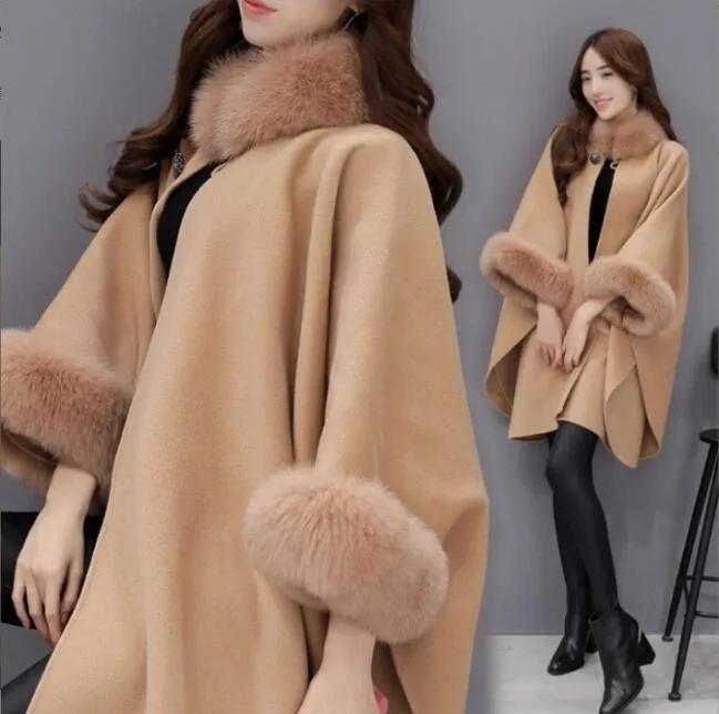 Autumn and winter style rabbit fur collar, medium length coat, temperament, cape, shawl, women's woolen coat