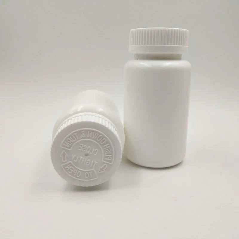 100 st 150 ml 150cc vit plast HDPE -pillerflaskkapsel container vitaminbox med CRC -kepsar tätningslock för medicinskt Ioodl