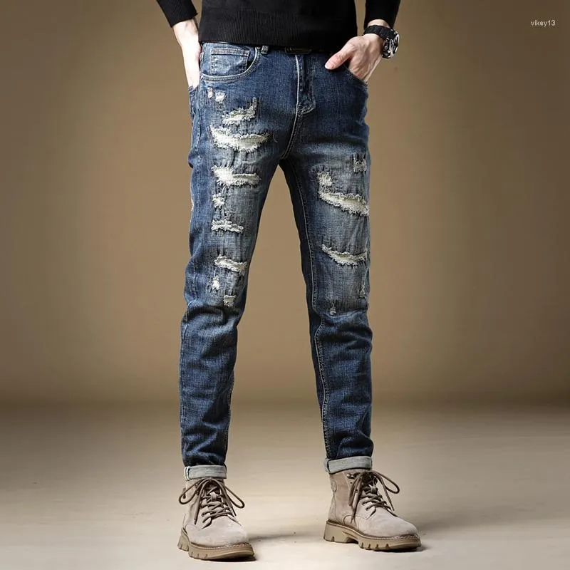 Heren Jeans Gescheurd Voor Mannen Jean Reparatie Patch 2023 Herfst Winter Stretch Slanke Rechte Heren Verontruste Denim Broek mannelijke Broek