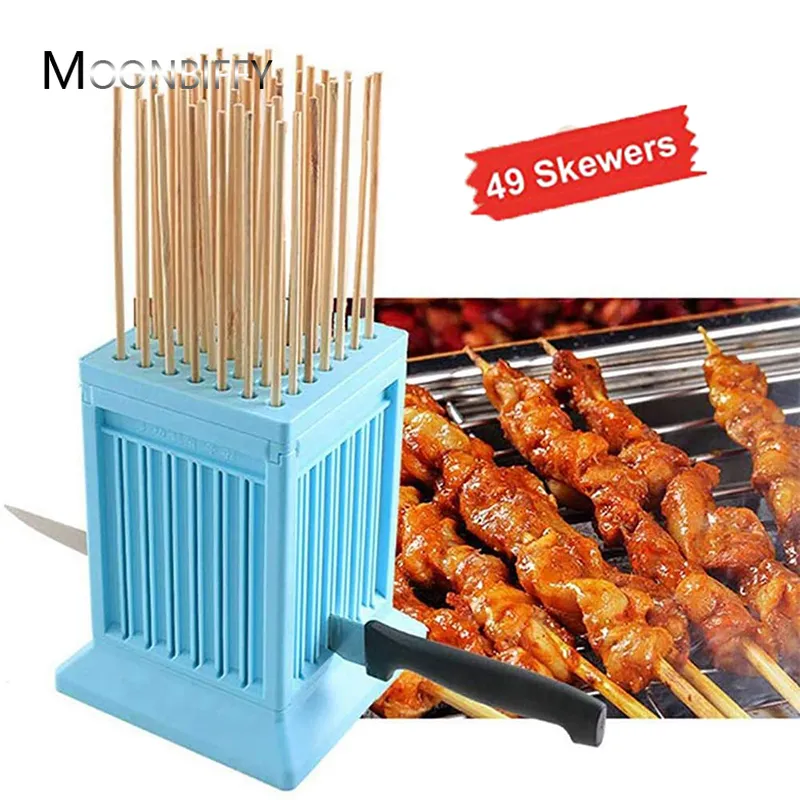 BBQ Tools Accessories BBQ Meat String Machine Barbecue 49 Holes Skewer Tools Tofu Skewer Kebab Maker Box Machine Grill Barbecue Kitchen Accessories 230617