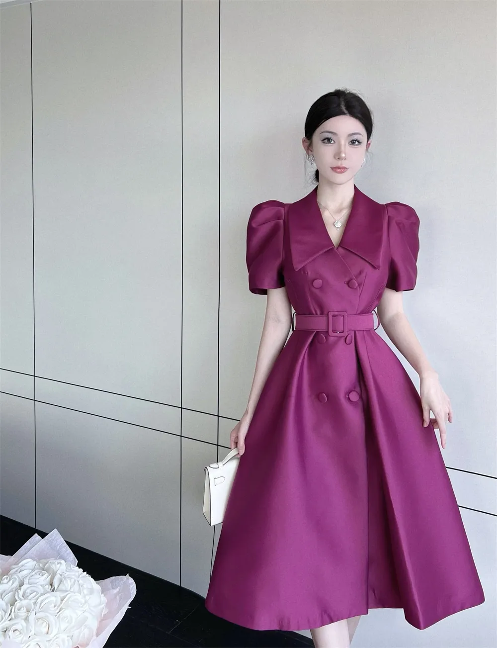 Vintage Office Lady purple midi dress - Elegant Solid Color Notched Blazer with Double-Breasted Puff Sleeves, Belt, and Short Sleeve Mid purple midi Vintage Office Lady purple midi dress - Elegant Solid Color Notched Blazer with Double-Breasted Puff Sleeves, Belt, and Short Sleeve Mid purple midi