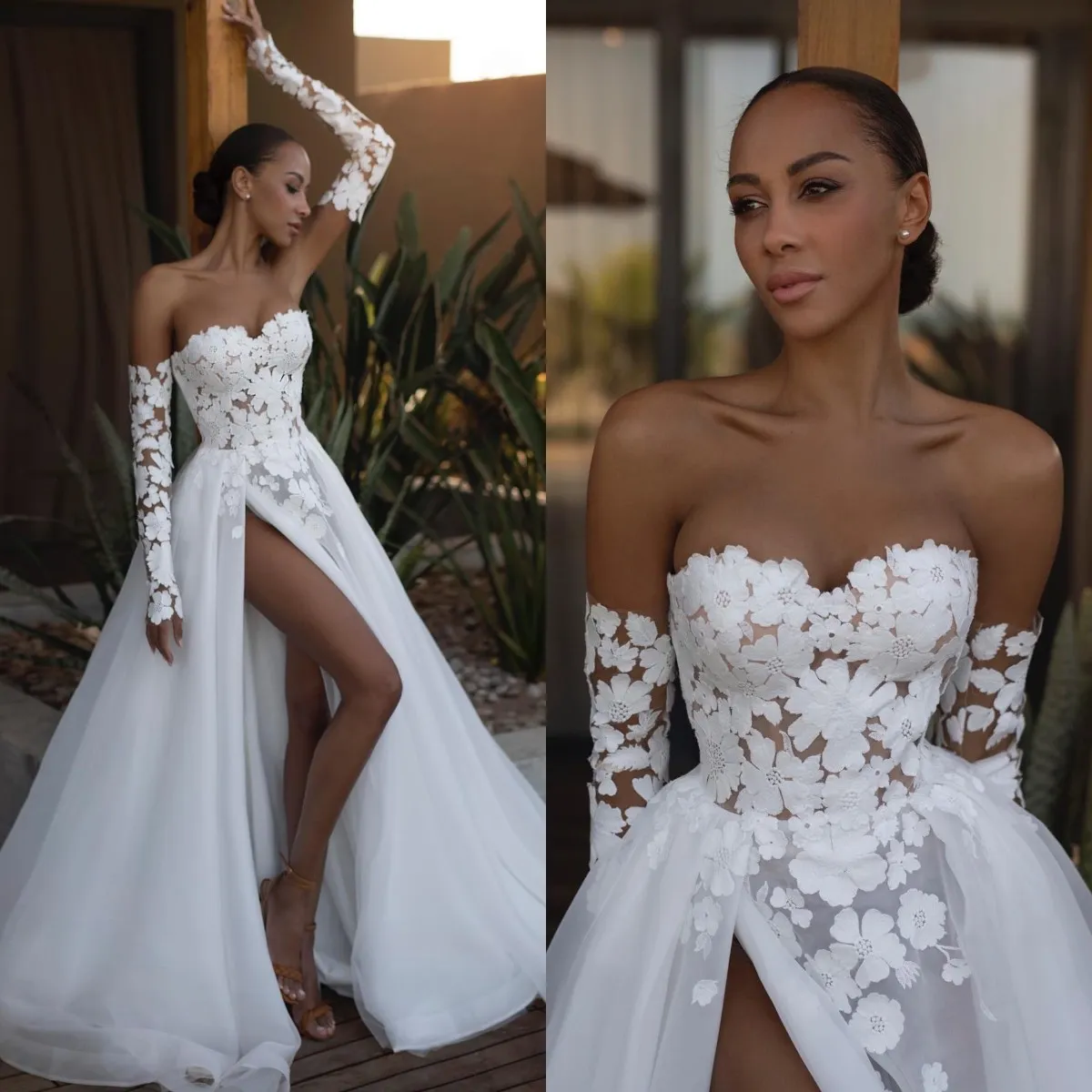 Vestidos de la línea de encaje boho Munas de la caracol Slit Diseñador de vestidos de novia de boda