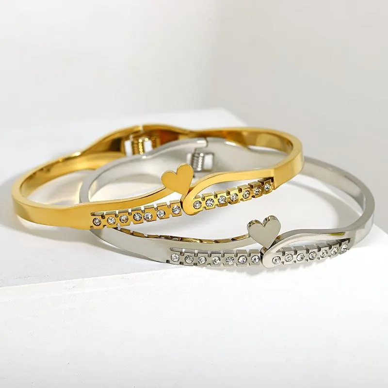 Link Bracelets AENSOA 316L Stainless Steel Elegant Inlaid Zircon Heart Bangle Bracelet Waterproof Gold Color Cuff For Women