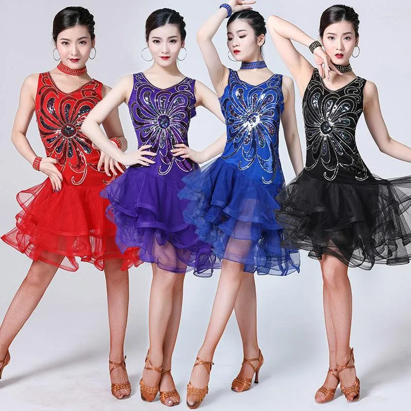 Stage Wear 2023 Style Women's Latin Salsa Dance Sequin Dress Bead Embroidery Dresses Girls Cha Ballroom Competition Costume