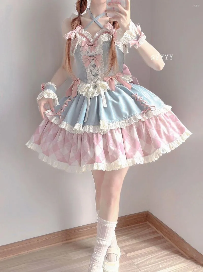 Casual Jurken Sexy Ruffle Lolita Roze Japanse Zoete Jurk Vrouwen Kawaii Rollenspel Kostuum Halloween Party Cosplay Anime Y2K Kleding