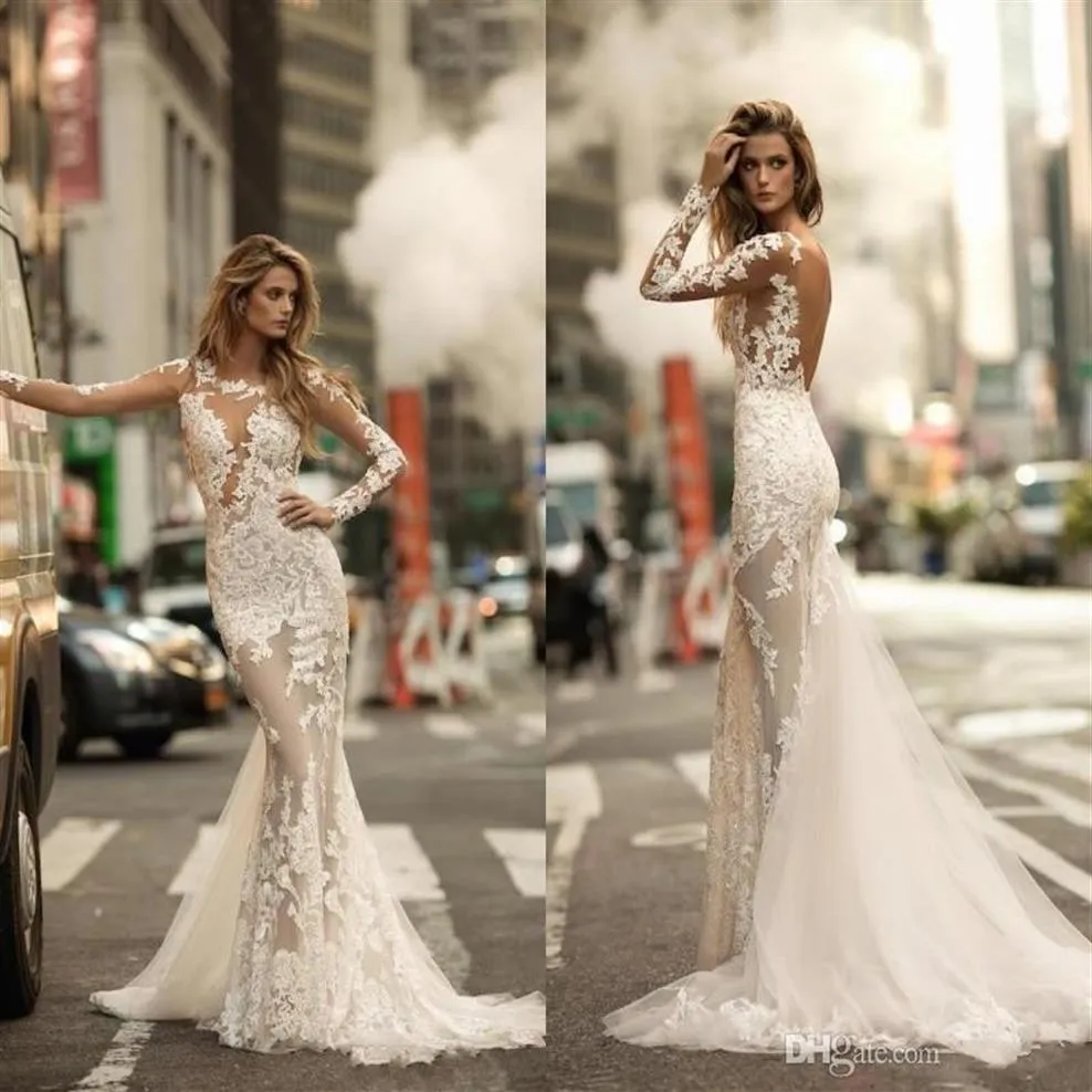 2018 Splendidi abiti da sposa a sirena Sexy maniche lunghe trasparenti Abito da sposa con applicazioni di pizzo pieno Vedere attraverso abiti da sposa senza schienale346h